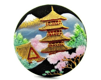 Toshikane Mount Fuji Flat Back Tile / Chureito Pagoda / Hand Painted Arita Porcelain Nara / 富士山 Fujiyama / Holy Mountains / 三霊山 Sanreizan / 25mm