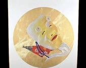 Okina Noh Mask Shikishi Board Silk Collage Mixed Media quot Selro Devil quot handmade Picture Signed Japanese Noh Old Man Face Shikishi Repoussed