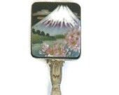 Toshikane Souvenir Spoon Mount Fuji Tile Snowy Mountain Top Scene Pink Cherry Blossoms Japanese Arita Porcelain HandPainted Ceramic Finial