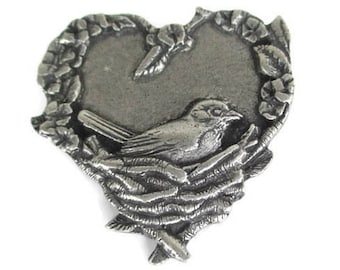 Birds And Blooms Pin/ Nesting Bird Brooch / Pewter Heart Leaf Motif Avian Pin/ Bird Lover Gray Pin