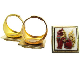 Toshikane Japan Ring /Red FOO DOG /Burgundy Chinese Guardian lion/Hand Painted Arita Porcelain/Gold Tone adjustable Split Ring/ Square Tile