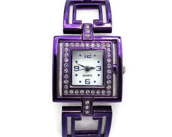 Women's Geometric Watch/Concentric Squares & Rhinestones/ Purple Enamel  Bracelet /White Dial /Japan Movement/New Battery/Style F330572-1/LS