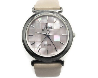 Aria Women's Watch / Sterling Silver Case/ Mother of Pearl Mosaic Dial/ Genuine Tan Leather/ Japanese Movement/New Battery/