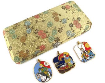 3 Chinese Opera Cloisonne Pendants/The Peking Jewelry Company /Beijing Arts Set/ Korvettes Oriental Enamel Stock/Silk Road Gold Brocade Box