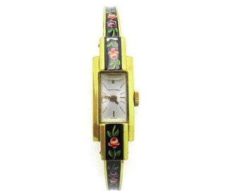 Golay Stahl Art Deco Watch/Pink Rose Black Enamel /Double Hinged Bracelet/17 Jewels Swiss Mechanical/ 98624 Plaque OrG 10 Microns /10k RGP