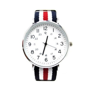 Gold Coast NATO Strap Unisex Watch/Red White Blue Fabric Band /Oversized  Case /Big Numerals/ 24hr White Dial/Japan Movement/New Battery