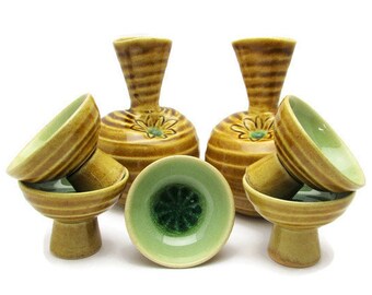 Hand Thrown Ceramic Sake Set/ Hippie Era Flower Power  motif/ 5 Glazed Floral Saki or Tea Cups /2  Japanese  Dimpled Bottles/Mustard & Green