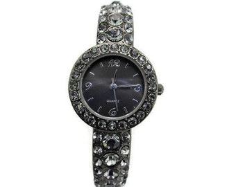 Gunmetal Bangle Watch/Smokey Grey  Black Diomond Rhinestones/ Double Hinged Bracelet / Black  Dial/ Singapore Movement/Style GENWM 1H13