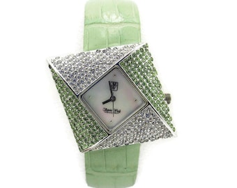 Victoria Wieck Beverly Hills Watch/Green Swarovski Crystals/ Rhombus Shaped Face/Mother of Pearl Dial/ Japan  Movement/New Battery/ B4331