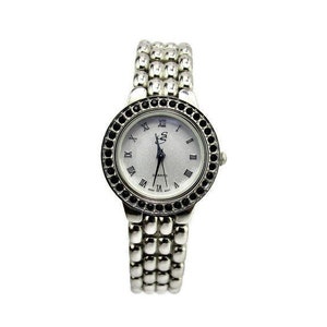 Suzanne Somers Roman Numerals Watch/Black Swarovski Crystal Bezel/ Silver Tone Panther Link Bracelet / MOP Dial/ Japan Movement