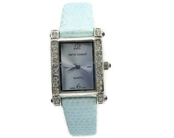 Harve Benard Uhr / Damen Quarz /Silber Ton Kristall Lünette / blaues Zifferblatt /echtes Leder / blau Cabochons /Japan Bewegung/neue Batterie / HV438