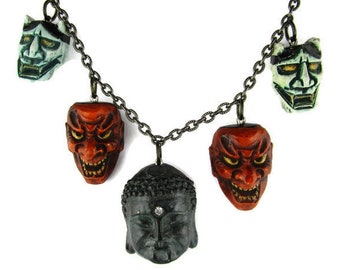 Amida Buddha Noh Play Necklace / Carved Green Hannya Noh Theater Masks Pendants / Shikami Japanese Noh Charm Necklace/Seiganji: The Buddhist