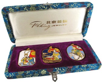 3 Chinese Opera Cloisonne Pendants/The Peking Jewelry Company /Beijing Arts Set/ Korvettes Oriental Enamel Stock/Silk Road Blue Brocade Box