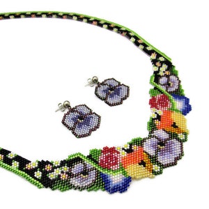 JOY Peyote Beaded Necklace  Earrings /  Purple Pansies Charlene Hughes Delica Beads/  Brick Stitch/ Floral Garden /Beadin with Beady Boop