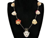 Toshikane Seven Fortune gods Necklace トシカネ 950 Sterling Chopin Links BOOK PIECE 七福神 Shichi Fukujin HandPainted Made in Occupied JAPAN
