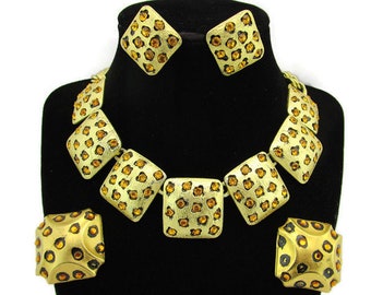 CRAFT GemCraft Necklace Earrings Lot/ Leopard Print Square Links /Topaz Swarovski Rhinestones & Black Enamel / Gold Tone double link Chain/