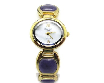 Vintage Purple Jade Quartz Watch: Gold Tone Bracelet