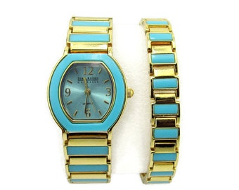 Joan Rivers Watch & Bracelet Set /CLASSICS Inlaid Faux Turquoise/ Gold Tone Bracelet / Blue Dial/  Big Numbers  /Japan Movement /New Battery