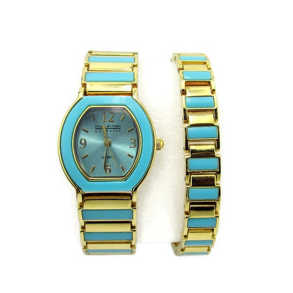 Joan Rivers Watch & Bracelet Set /CLASSICS Inlaid Faux Turquoise/ Gold Tone Bracelet / Blue Dial/  Big Numbers  /Japan Movement /New Battery