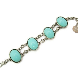Wide Faux Turquoise Bracelet/ Blue Lucite Oval Cabochons/ Silver Tone Setting/Faux Sultan Mahmud II Tughra Coin / Turkman Ottoman Fashion