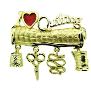 I LOVE QUILTING Brooch /By  AJC - American Jewelry Chain Company/ Thimble Sissors Measuring Tape Needle and Thread Charms/ Red Enamel Heart