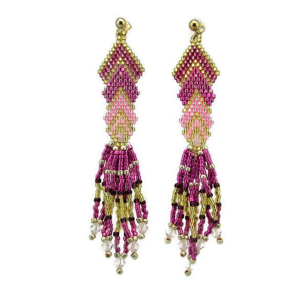 Hot Pink Gold Native American CHEVRON Peyote Beaded Earrings/Cystal Fringe Classic SouthWestern/Delica Shoulder Dusters/Boho, Brick Stitch