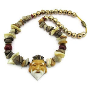 Toshikane JUROJIN Necklace/ 7 Fortune gods Arita Porcelain /Seven Lucky gods w/ Agate Mother of Pearl & Jasper Beads/ Feng Shui LONGEVITY