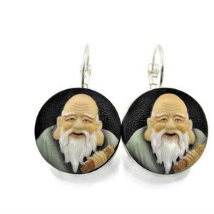 Toshikane FUKUROKUJU Earrings/Silver tone Pierced /7 Fortune gods Arita Porcelain /Seven Lucky gods 七福神 Shichi Fukujin //Patron of Longevity