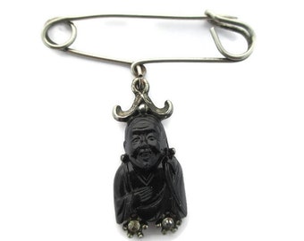 Black Smiling Buddha Pin/ Feng shui Buddha Kilt Pin/ Hotei Seven Immortals Tie Pin/ Seven gods of Fortune Rhinestone Silver tone Pin