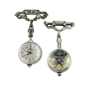 Bucherer Skeleton Pin Watch/Silver Marcasite CB 800 / Lapel Timepiece Brooch /15 Jewel Movement/White Dial 22mm Crystal Ball