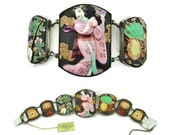 Toshikane Geisha Bracelet 950 Silver Setting Shamisen 三味線 and Tsuzumi 鼓 Tiles Handpainted Shunkane Arita Porcelain ULTRARARE WIDE