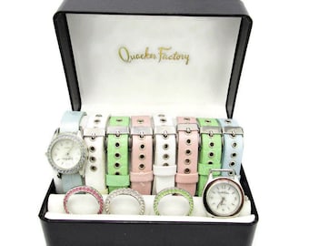 Quacker Factory Watches/Set of Two (2)  /8 Changable Bands /Pastel Colors/ 4 Changeable Crystal Bezels /MOP Dial/ Japan Movement/New Battery