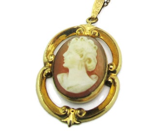 12k Gold Filled Cameo Necklace/ Victorian Carved Shell Cameo Pendant /  Side Profile Curly Hair Lady / 1/20 12k GF Jewelry