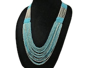 South Western Multistrand Necklace Faux Turquoise Glass Beads Faux Liquid Silver Bullet Beads Native American Style Hand Woven Jewelry