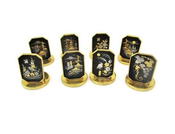 8 Amita Damascene Place Card Holders/Japan Kyoto inlay 24k Gold 950 Silver/Mount Fuji Chureito Pagoda/Bamboo Stalks/Birds Garden