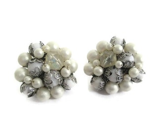 Vintage White Faux Pearl Japan Cluster Clip On Earrings