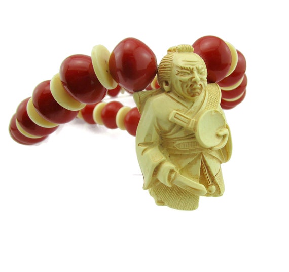 Celluloid Samurai Netsuke Pendant Necklace/Cream … - image 7