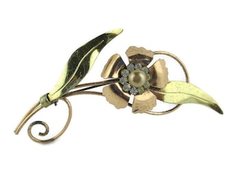 Retro Sterling Silver 10k Rose Gold Vermeil Flower Motif Faux Pearl Rhinestone Pin