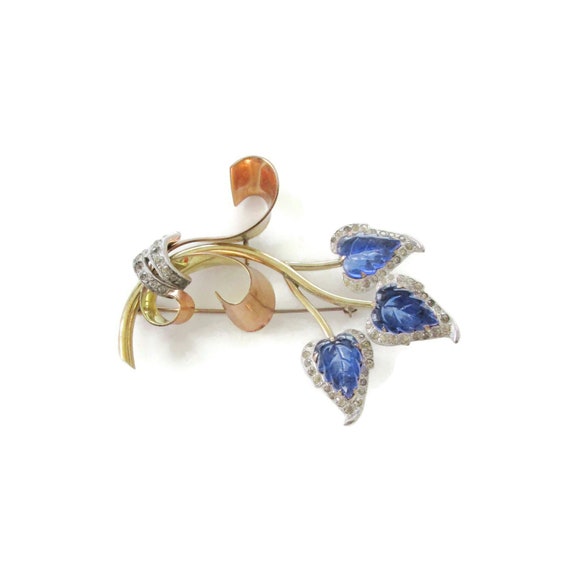 KREISLER Retro Glass Leaves Brooch/Clear Chaton Rhinestones/ Prong set Blue Pressed-Glass/Tri Color Foliage/Art Deco Tutti Frutti Style Pin View 2