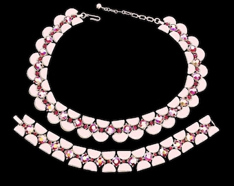 Crown Trifari Demi Parure with Tags/ Pink Ab Rhinestone Bracelet  and Necklace/ White Semi Circle Lucite / Mid Century Jewels By Trifari Set