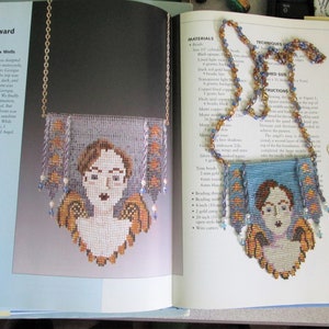 May include: A beaded necklace and earring set featuring a portrait of a woman with angel wings. The necklace and earrings are made with blue, orange, and white beads. The text "Homeward Angel" is visible.