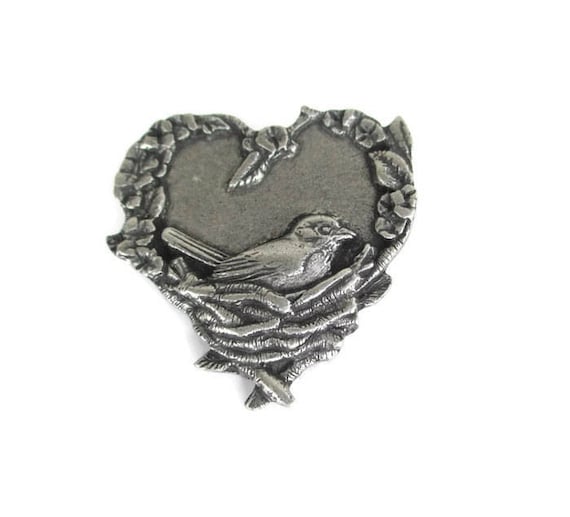 Birds And Blooms Pin/ Nesting Bird Brooch / Pewter He… Gem