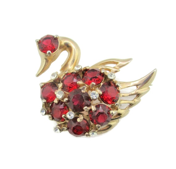 REJA Swan Brooch/Gold Tone Bird Pin/Large Red  & … - image 1