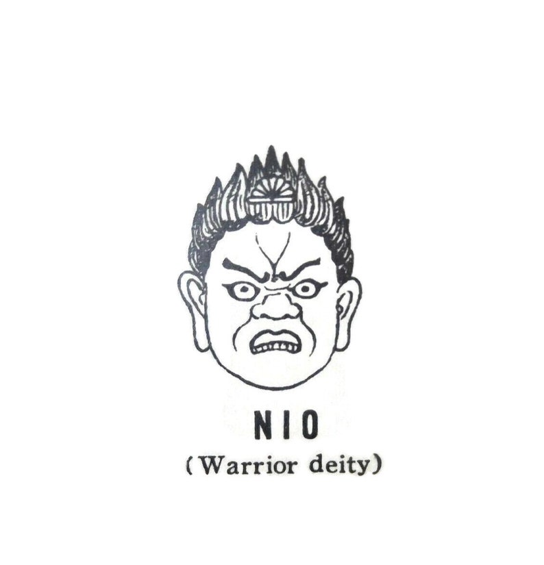 May include: Black and white line drawing of a warrior deity with a fierce expression. The deity has a crown and is labelled "NIO (Warrior deity)".