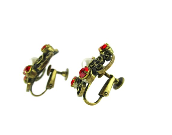 Red Rhinestone Scrollwork Earrings/ Faux Pearls S… - image 2