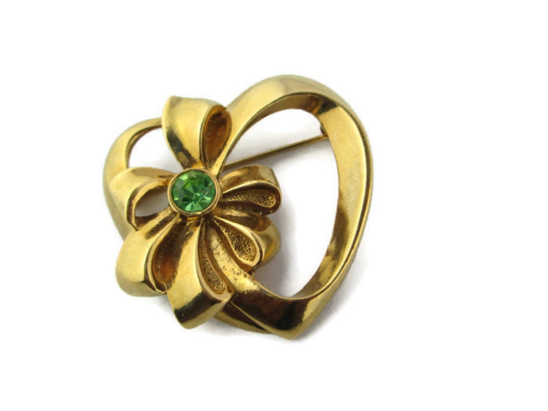 Vintage AVON Green Rhinestone Gold Tone Heart and Bow Pin - Etsy