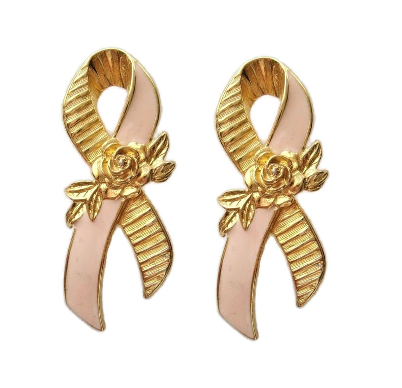 Avon Gold tone Pink Ribbon Breast Cancer Awareness Pins with Roses image 1