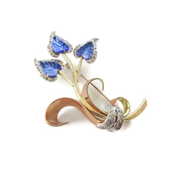 KREISLER Retro Glass Leaves Brooch/Clear Chaton Rhinestones/ Prong set Blue Pressed-Glass/Tri Color Foliage/Art Deco Tutti Frutti Style Pin View 6