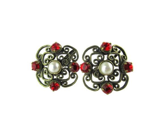 Red Rhinestone Scrollwork Earrings/ Faux Pearls S… - image 1
