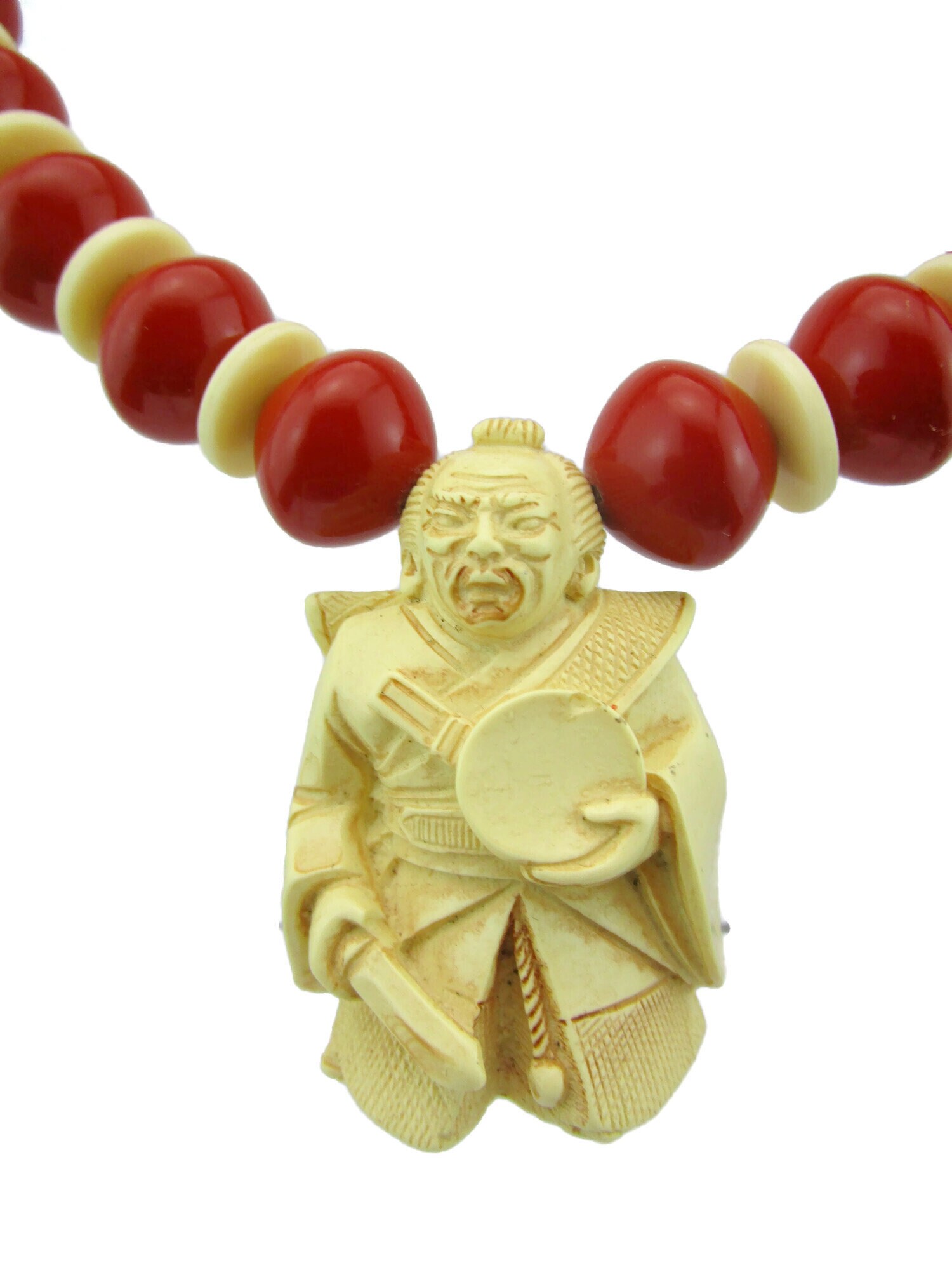 Celluloid Samurai Netsuke Pendant Necklace/cream Asian Man With